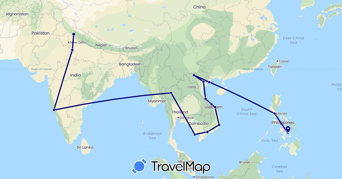 TravelMap itinerary: driving in India, Philippines, Thailand, Vietnam (Asia)